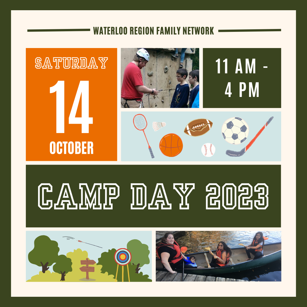 WRFN Camp Day flyer. Photos show camp activities like rock climbing, sports equipment, canoeing, archery, and more!